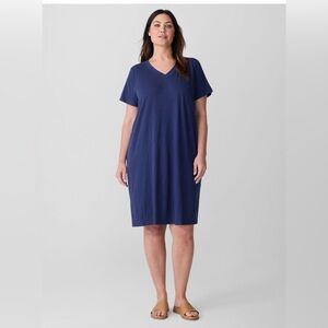 Eileen‎ Fischer 100% Linen Lightweight Navy Blue V-Neck Dress Casual Capsule